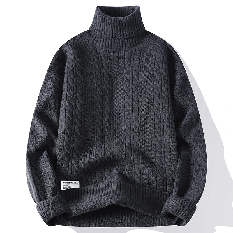 Slim-fit cable-knit turtleneck sweater in neutral tone with full-texture knit pattern and high-neck silhouette