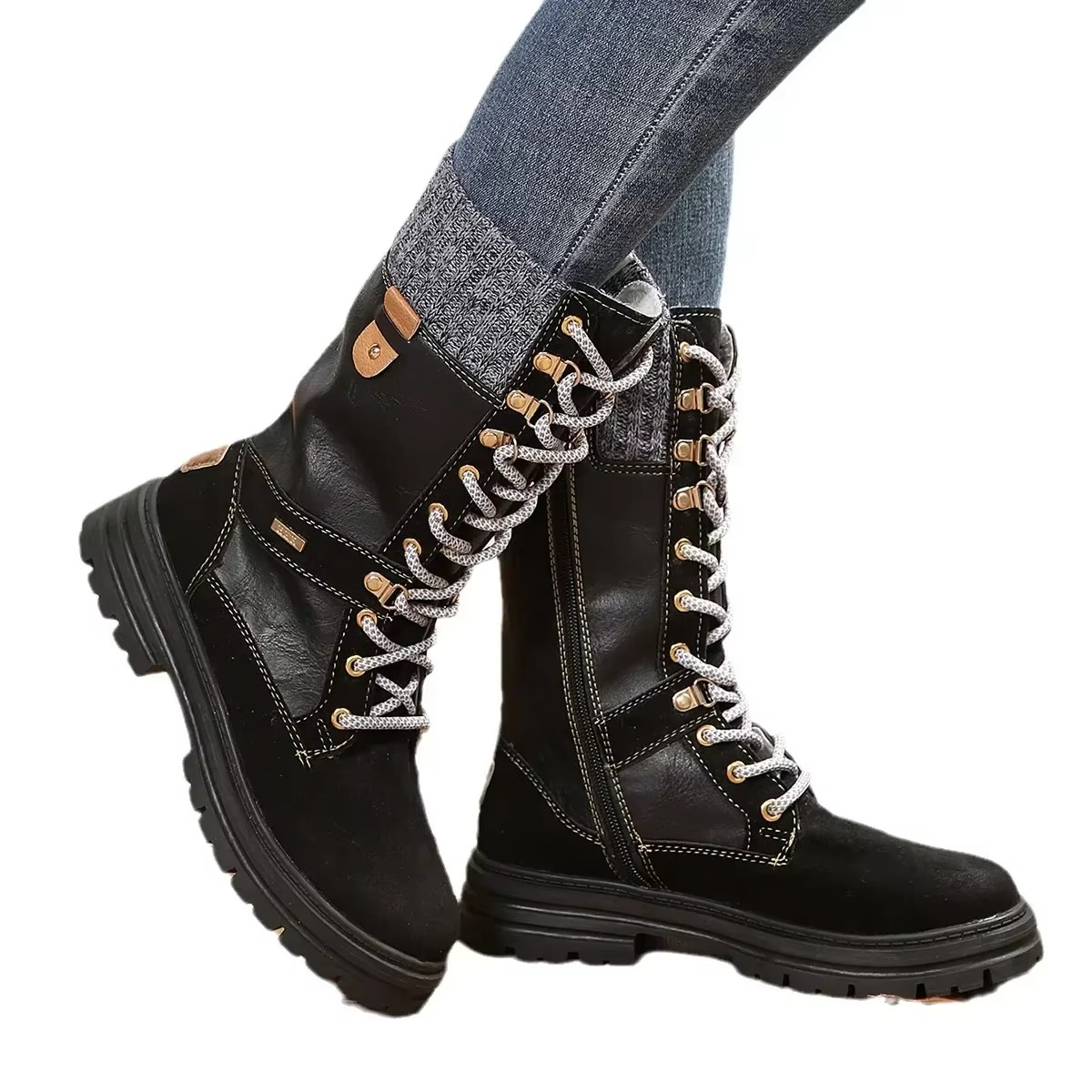 Women's brown retro lace-up mid-calf winter boots with cozy rib-knit cuff detail