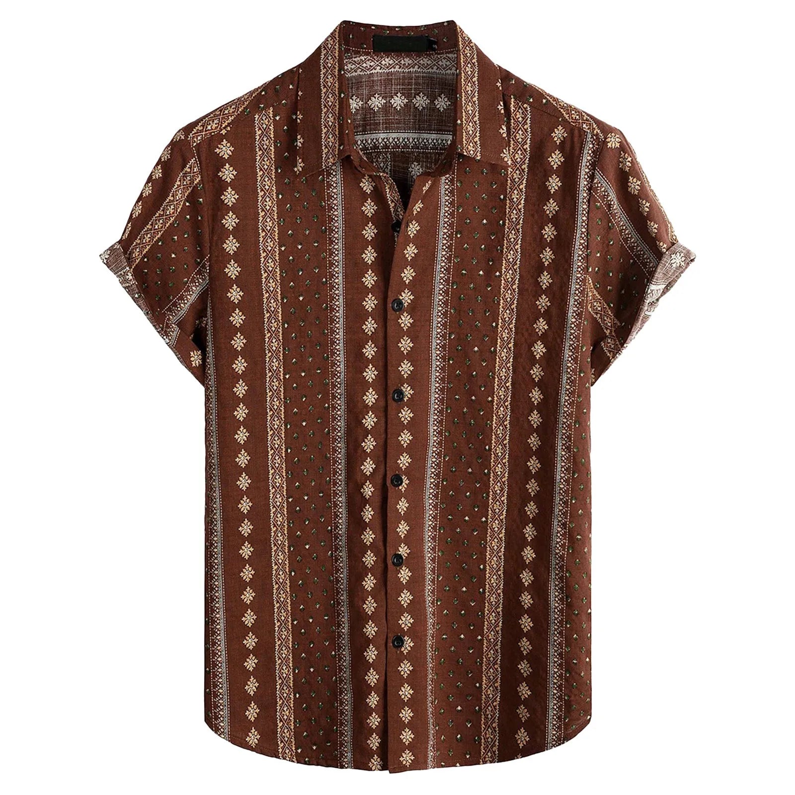 Oversized Hawaiian button-up shirt with bold vibrant prints, turn-down collar, relaxed poly blend fit