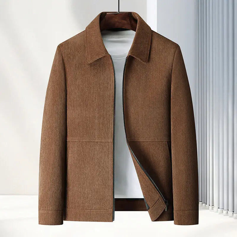 Belmonte mid-length woven jacket in neutral tone, lightweight polyester blend with front zipper closure