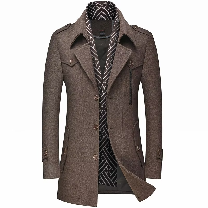 Men's mid-length wool blend winter overcoat with scarf collar, padded insulation, smart-casual style
