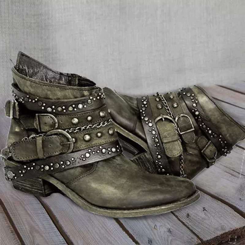 Women's western ankle boots in PU leather with buckle and chain details, low heel, rugged chic style