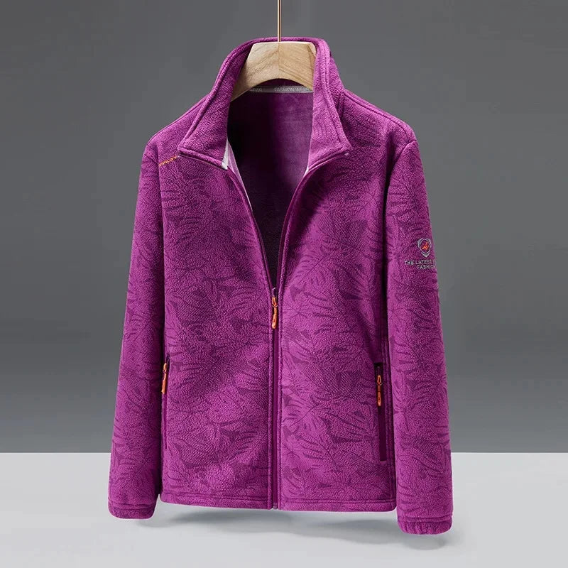 Men's gray textured fleece jacket with high collar, zip pockets, and plush warmth for everyday layering