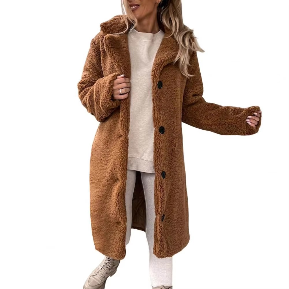 Women's oversized teddy faux fur long trench coat in plush high-pile texture for cozy winter warmth