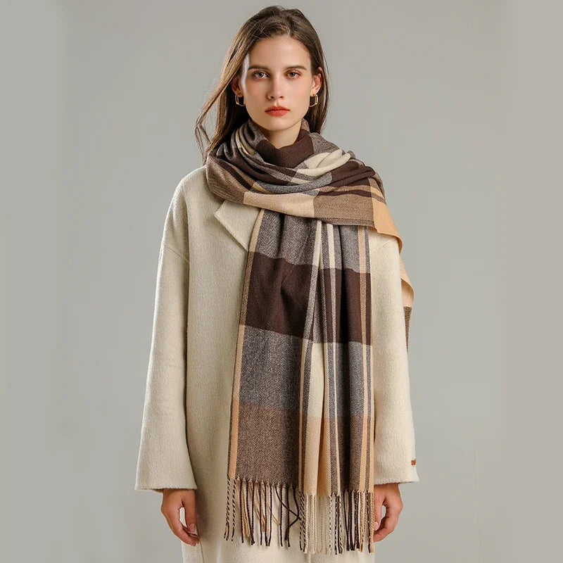 Darla plaid cashmere scarf with fringed edges, lightweight soft wrap in classic tartan pattern