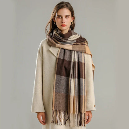 Darla plaid cashmere scarf with fringed edges, lightweight soft wrap in classic tartan pattern