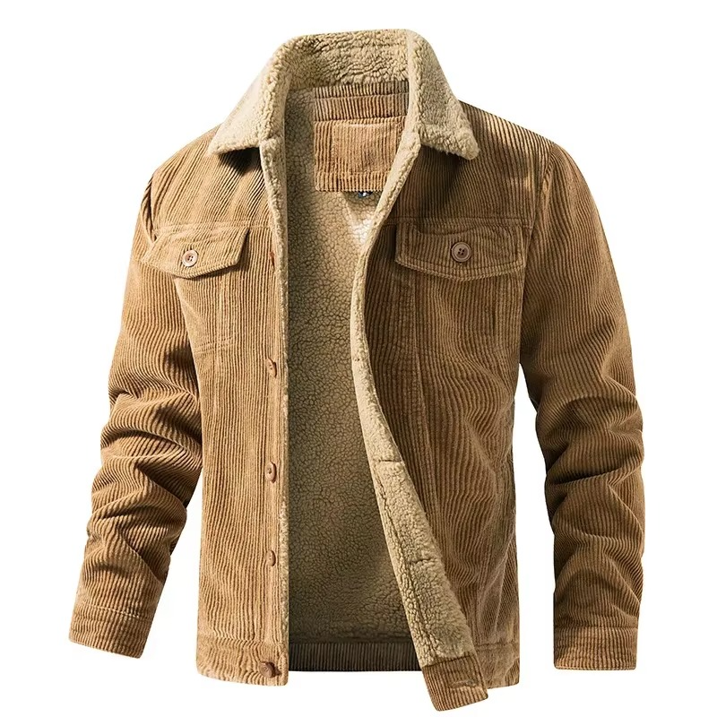 Navy corduroy fleece-lined men's winter jacket with warm lining, casual utility style, textured shell