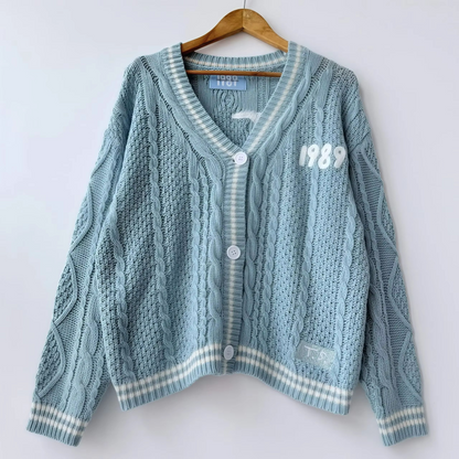 Women's brown knit cardigan with autumn maple leaf embroidery, cozy midweight relaxed-fit layer