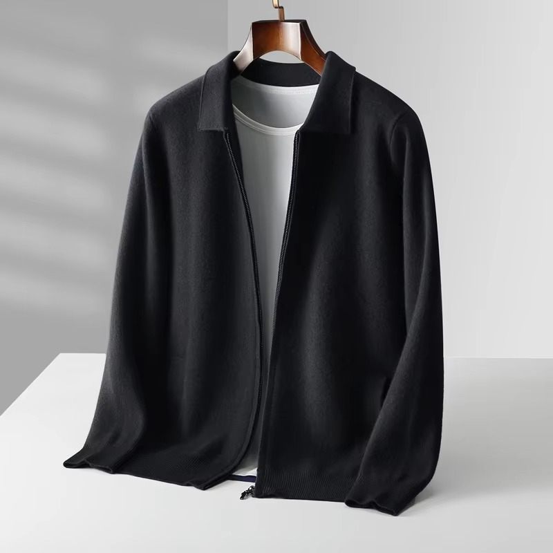 Men's wool cardigan sweater in classic knit with tailored lapel design for refined everyday warmth