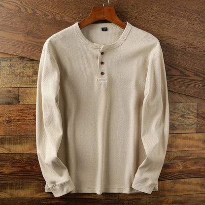 Cream waffle knit Henley long sleeve shirt with minimalist design and premium cotton blend fabric