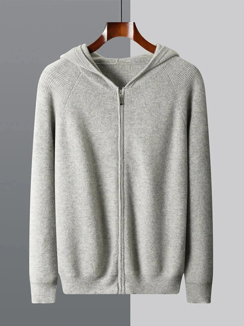 Men's heavyweight 100% wool zip-up hoodie in neutral tone with structured knit hood and full-length zipper