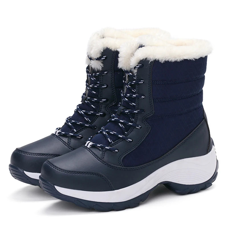 Women's black mid-calf lace-up snow boots with faux fur lining and platform sole