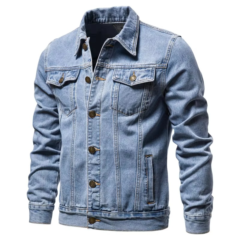 Men's slim fit vintage blue denim jacket motorcycle-style cotton coat with rugged tailored silhouette