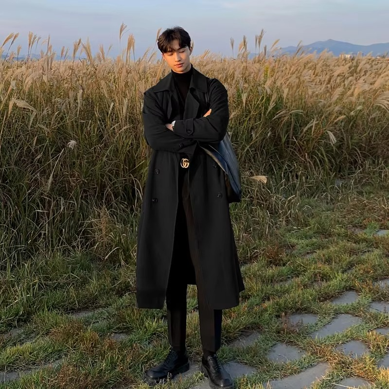 Men's long brown Korean-style trench coat modern longline silhouette windbreaker for spring