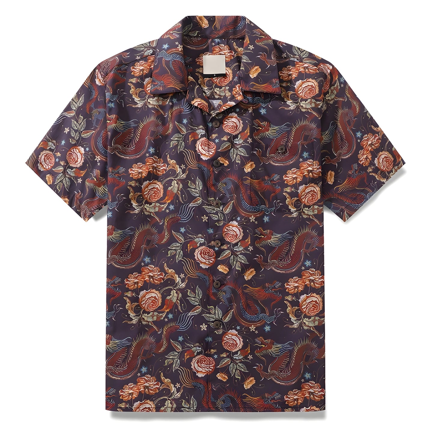 Warm-toned Eastern dragon print short sleeve cotton shirt with turn-down collar and relaxed fit