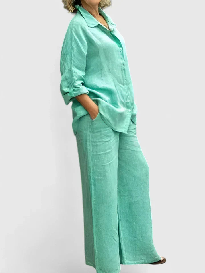 Soft pink linen two-piece set oversized button-down shirt and matching wide-leg pants