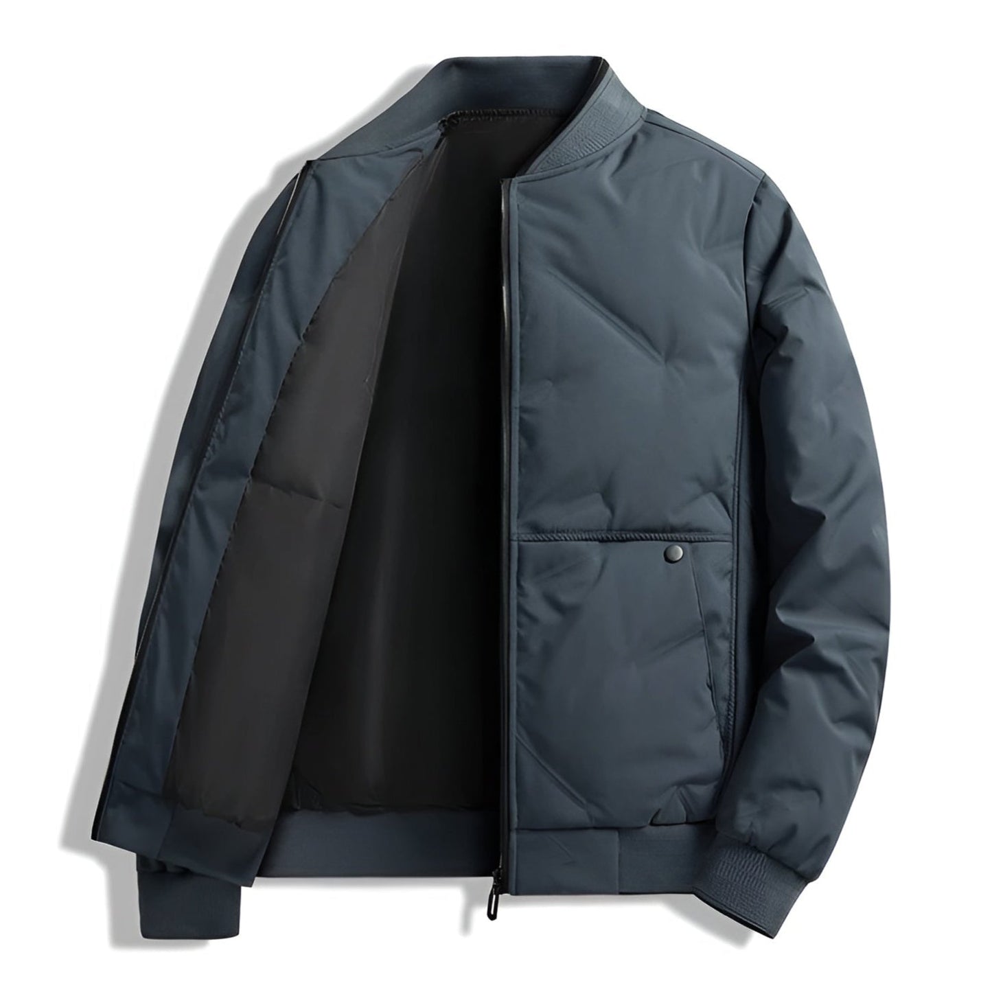 Matte black urban shell jacket with light insulation, ribbed collar, and snap-button pockets