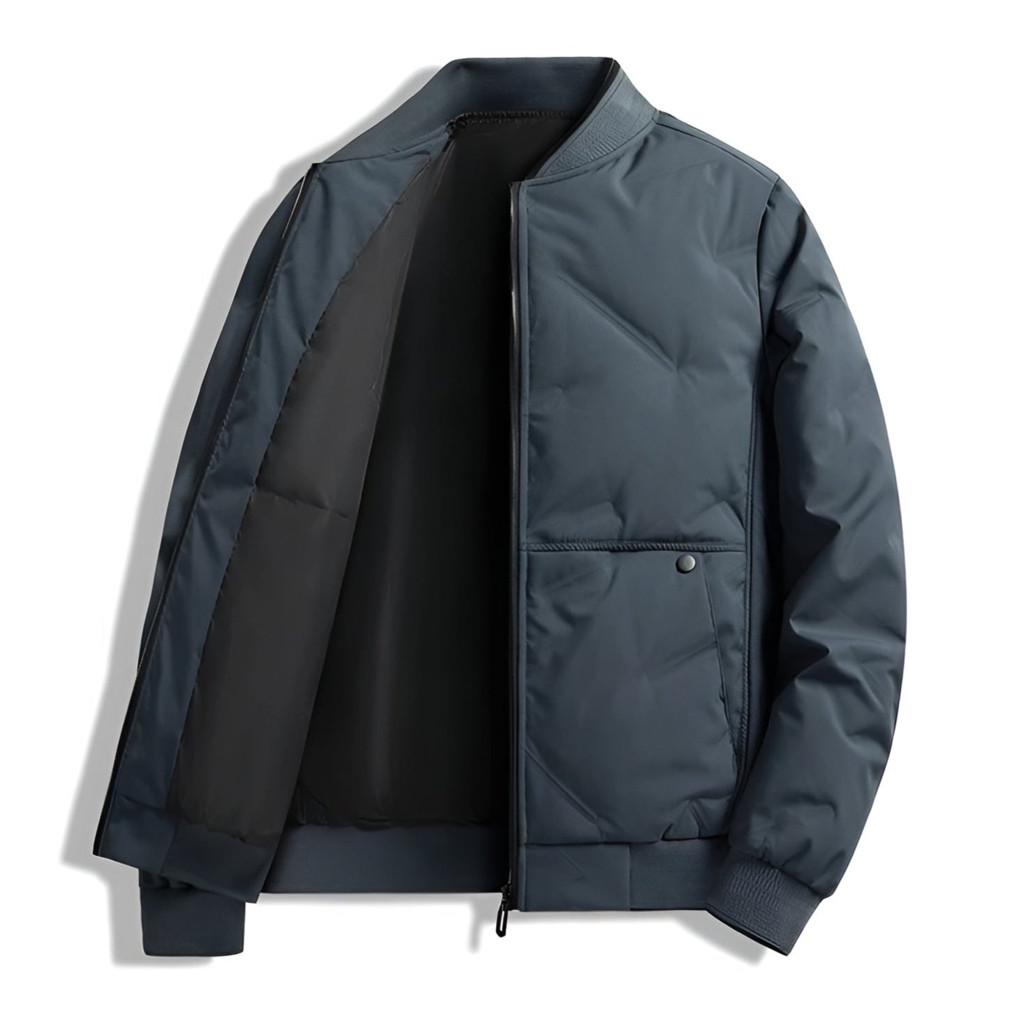 Matte black urban shell jacket with light insulation, ribbed collar, and snap-button pockets