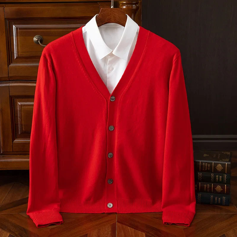 Men's grey cashmere wool blend cardigan with V-neck relaxed fit and heritage-inspired refined style