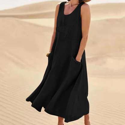 Women's beige cotton linen sleeveless maxi sundress, loose fit with side pockets, beach casual style