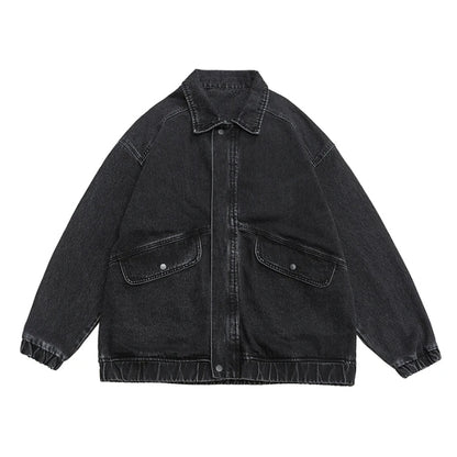 Medium wash denim jacket oversized boxy fit retro style with elastic cinched cuffs