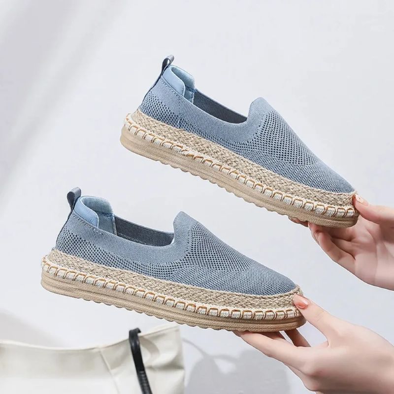 Neutral knit espadrilles with air mesh upper and braided jute sole, lightweight vintage-inspired style