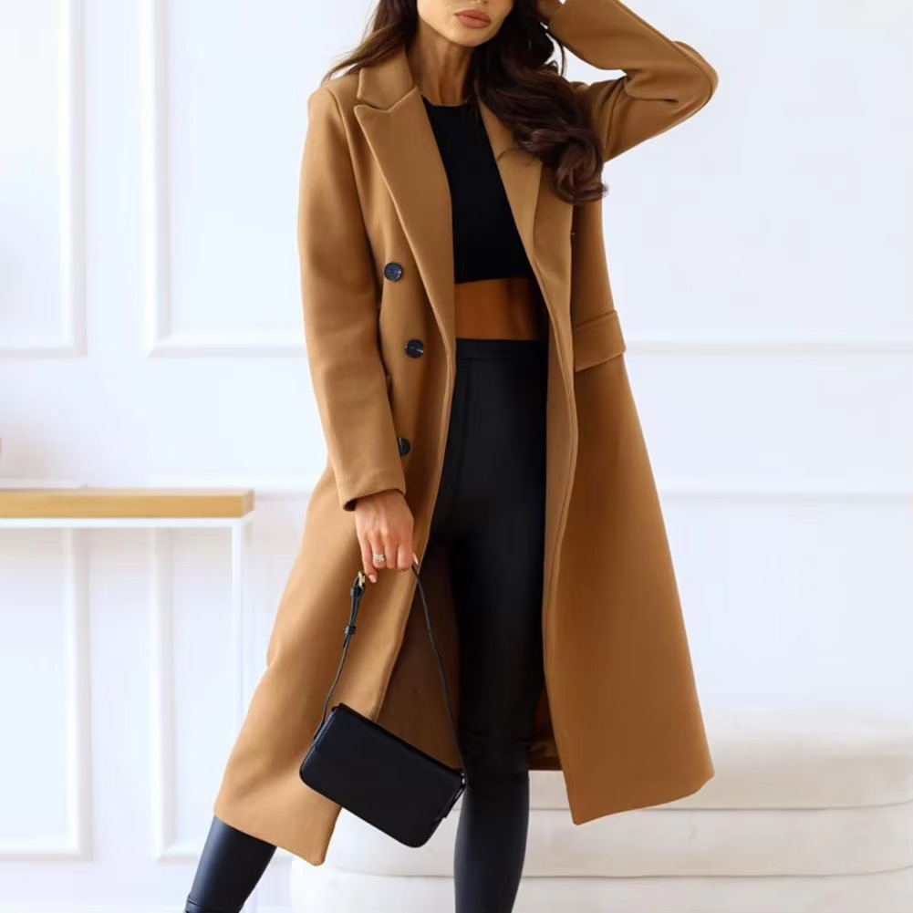 Women's double breasted mid-length winter coat with lapel, elegant warm outerwear for modern style