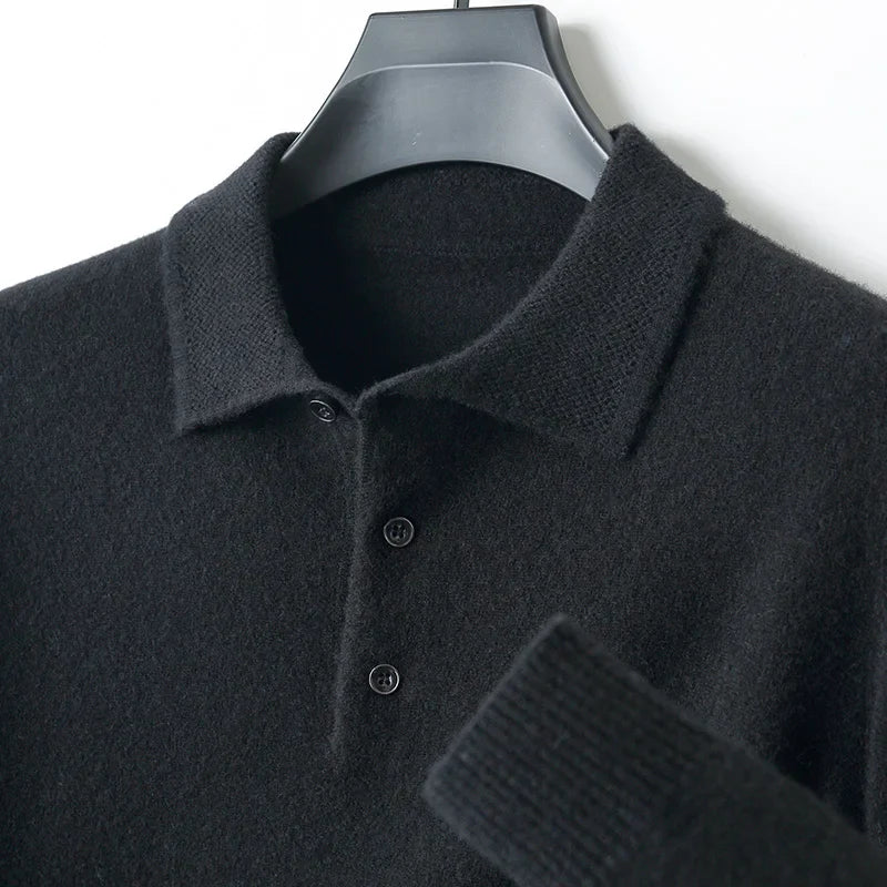 Men's loose fit merino wool polo shirt lightweight breathable classic collar natural warmth