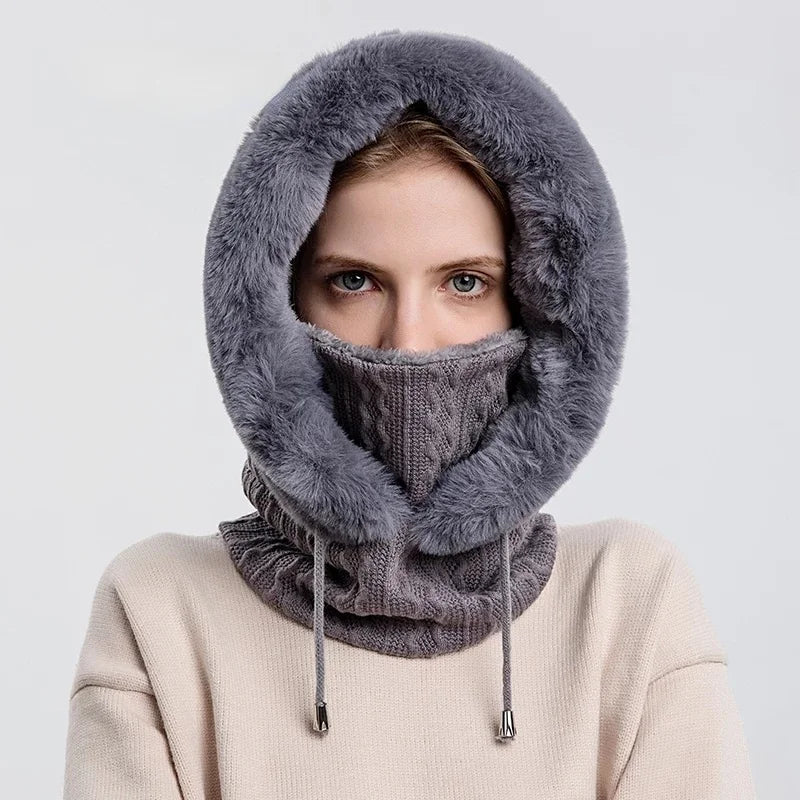 Women's cable knit balaclava with faux fur trim drawstring, fitted winter head neck cover