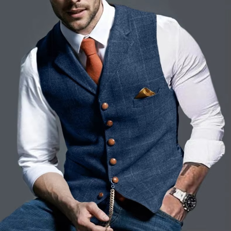 Men's tweed striped waistcoat vest formal slim fit polished business wedding attire textured finish
