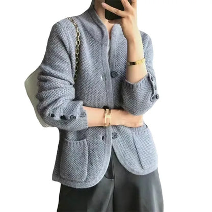 Grace soft-knit cardigan in neutral tone, modern half-turtleneck style with flattering tailored fit