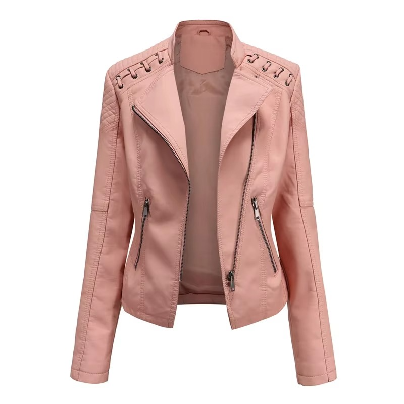 Women's black PU leather motorcycle jacket slim fit short zip-up with bold biker-style hardware