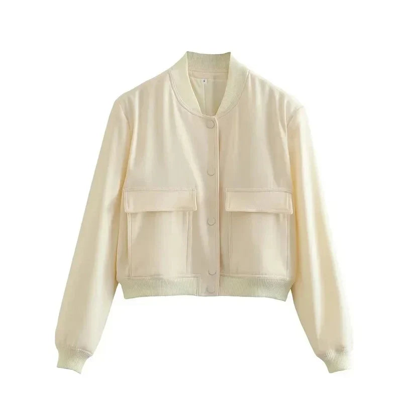 Women's casual bomber jacket with pockets, relaxed fit, versatile everyday style and warmth