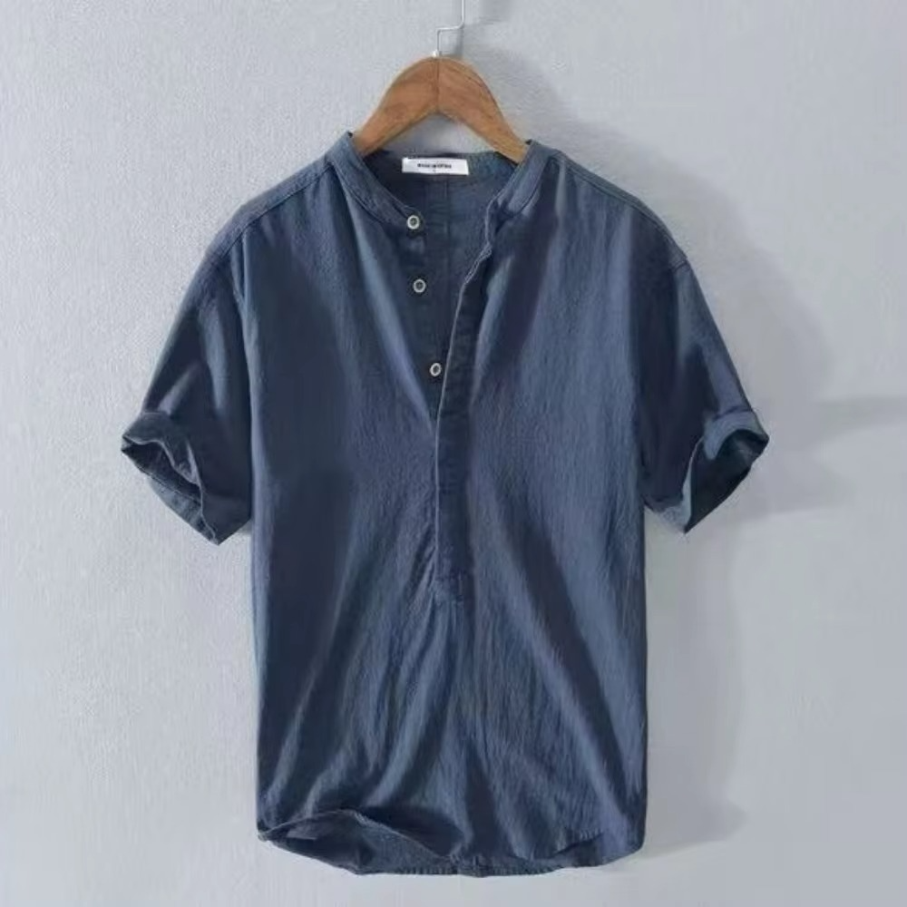 Men's beige cotton linen short sleeve shirt casual relaxed fit breathable lightweight summer beach