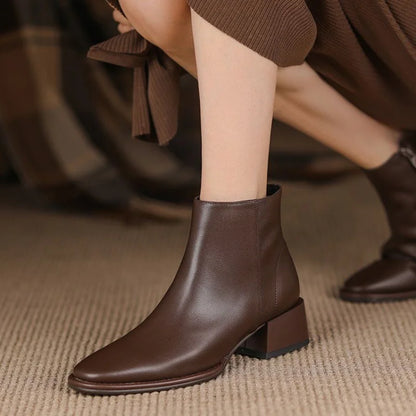 Sophia black vegan leather ankle boots chunky block heel pointed toe side zipper closure