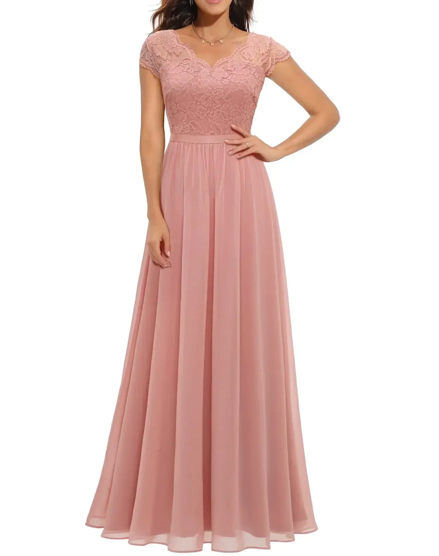 Women's elegant long lace dress with flattering lace bodice, flowing silhouette for formal occasions