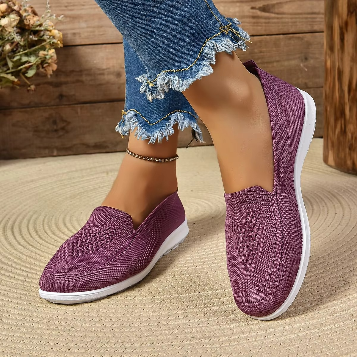 Women's lightweight mesh slip-on flats in neutral tone, breathable loafers with flexible sole for summer
