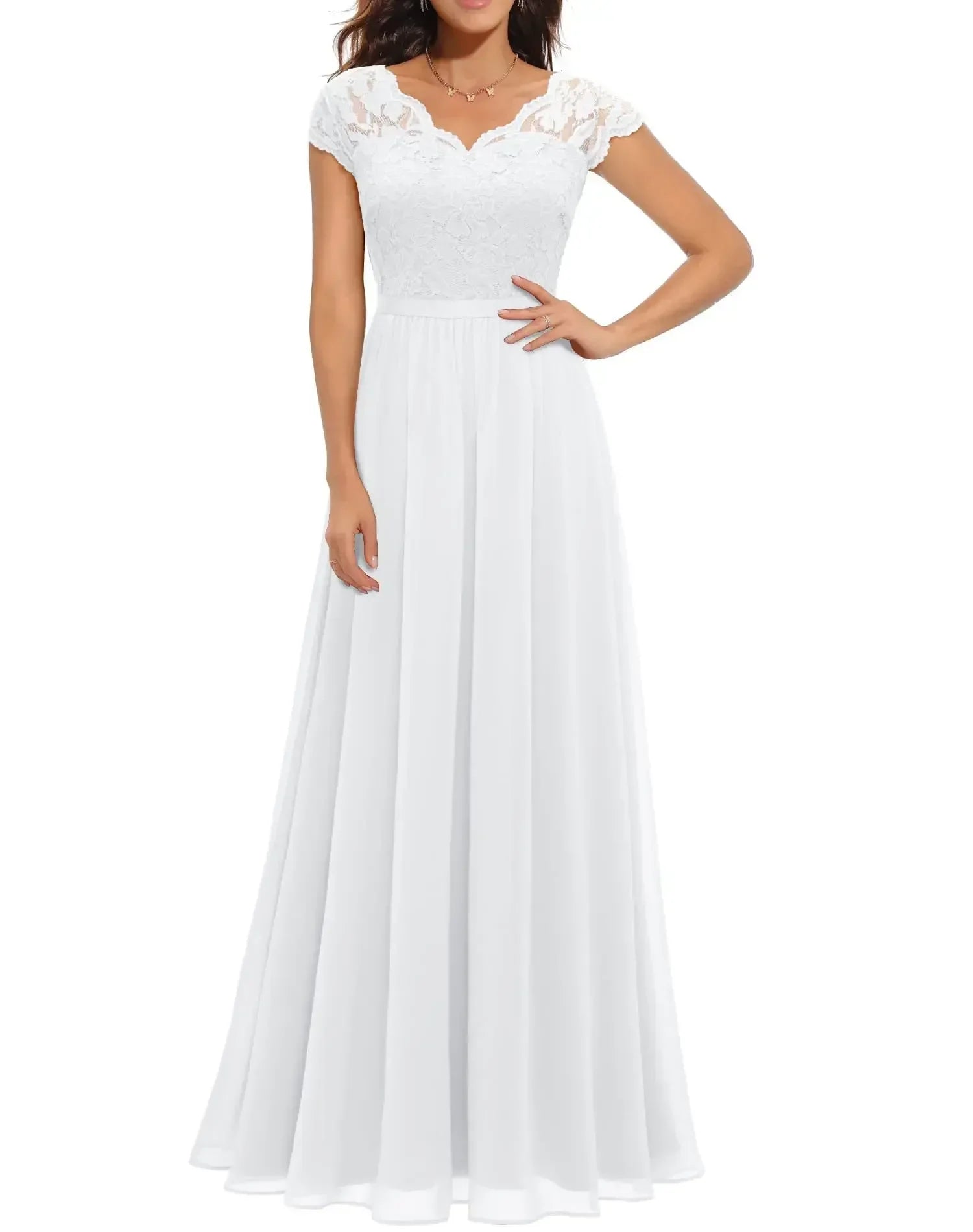 Women's elegant long lace dress with flattering lace bodice, perfect for formal occasions