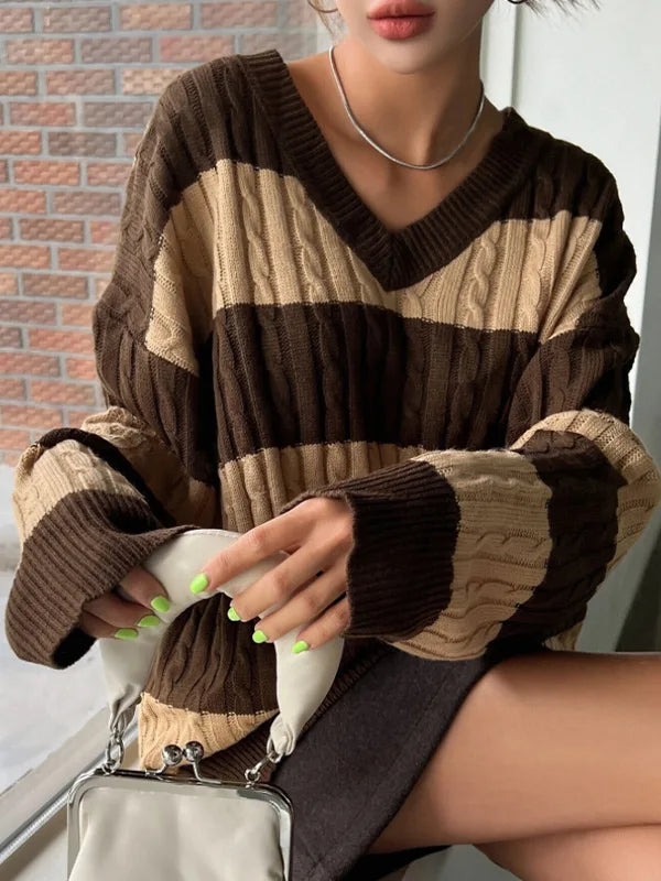 Violet cable-knit oversized sweater with bold color block wide stripes and ribbed cuffs