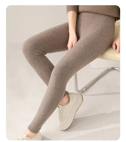 Heather gray cashmere knit leggings high-waisted tight-hugging silhouette ultra-soft breathable fabric