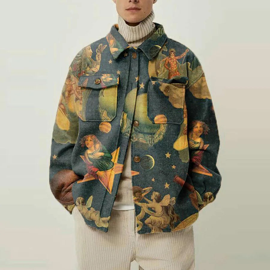 Acadia heavyweight abstract print shirt jacket with bold geometric lines and single-breasted design