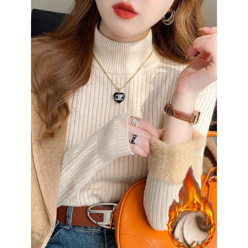 Women's slim fit ribbed knit turtleneck sweater with luxurious velvety cuffs, long sleeve elegant style