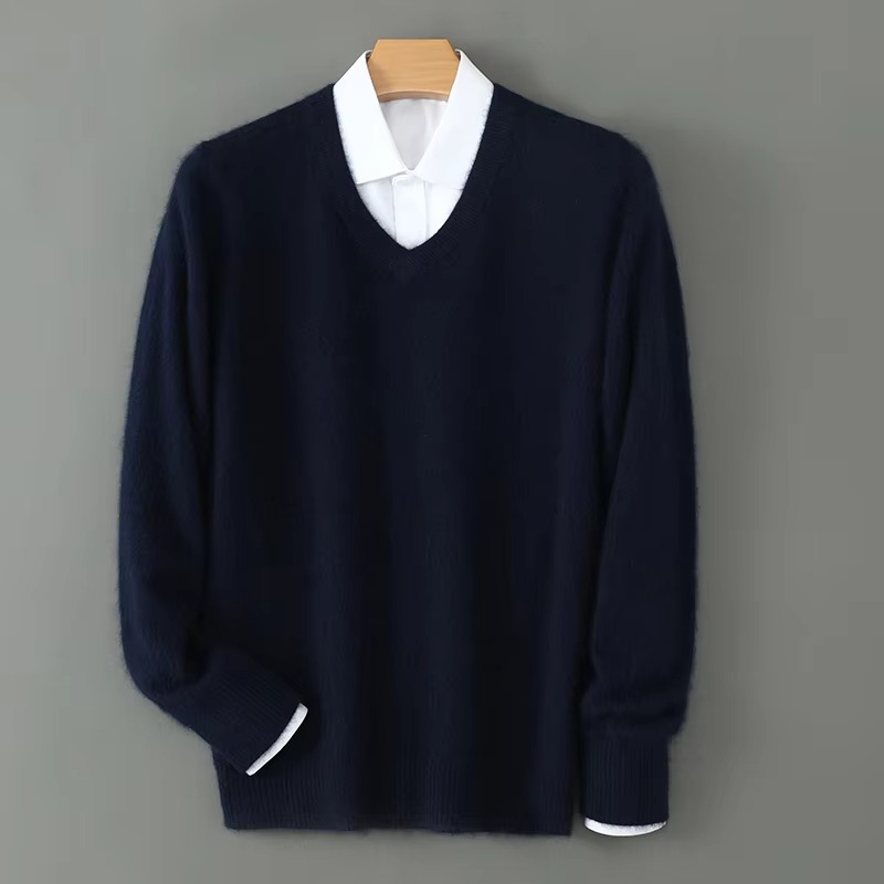 Men's cashmere blend V-neck knit pullover sweater loose fit, lightweight warm plus size winter top