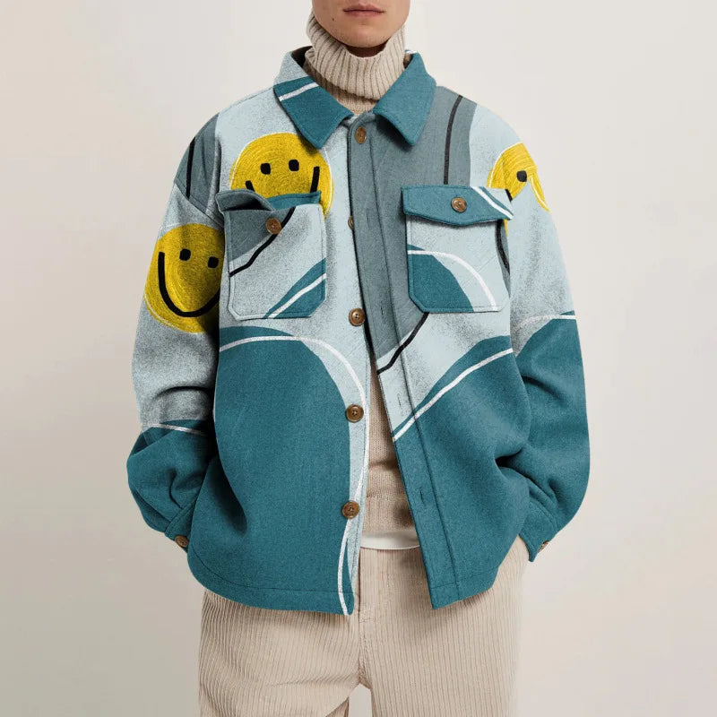 Acadia heavyweight abstract print shirt jacket with bold geometric lines and single-breasted design