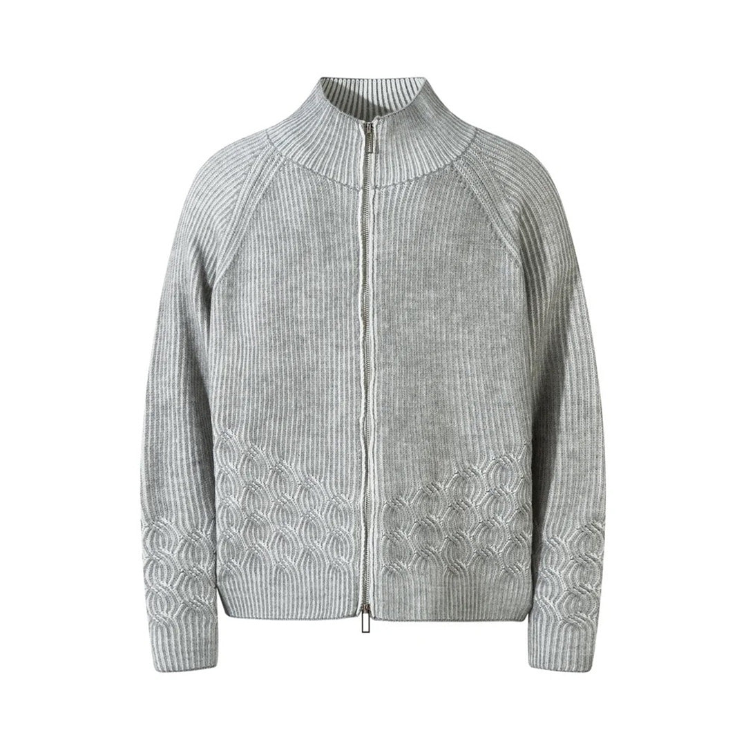 Mock neck knitted sweater in striped pattern, full-zip unisex cotton-wool blend knit jacket for fall
