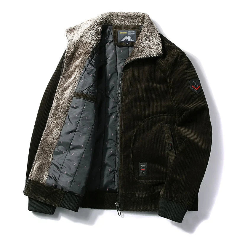 Men's brown corduroy aviator thermal jacket with classic flight silhouette and ribbed trim