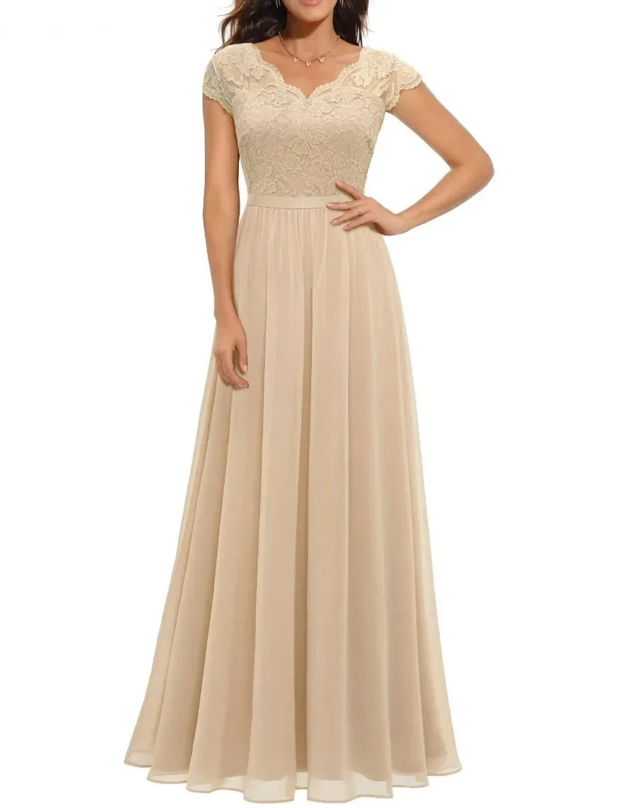 Women's elegant long lace dress with delicate lace bodice, flowing silhouette, formal style