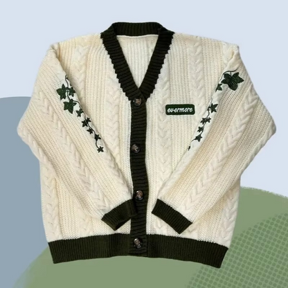 Women's rust knit cardigan with autumn maple leaf embroidery, cozy midweight relaxed fit