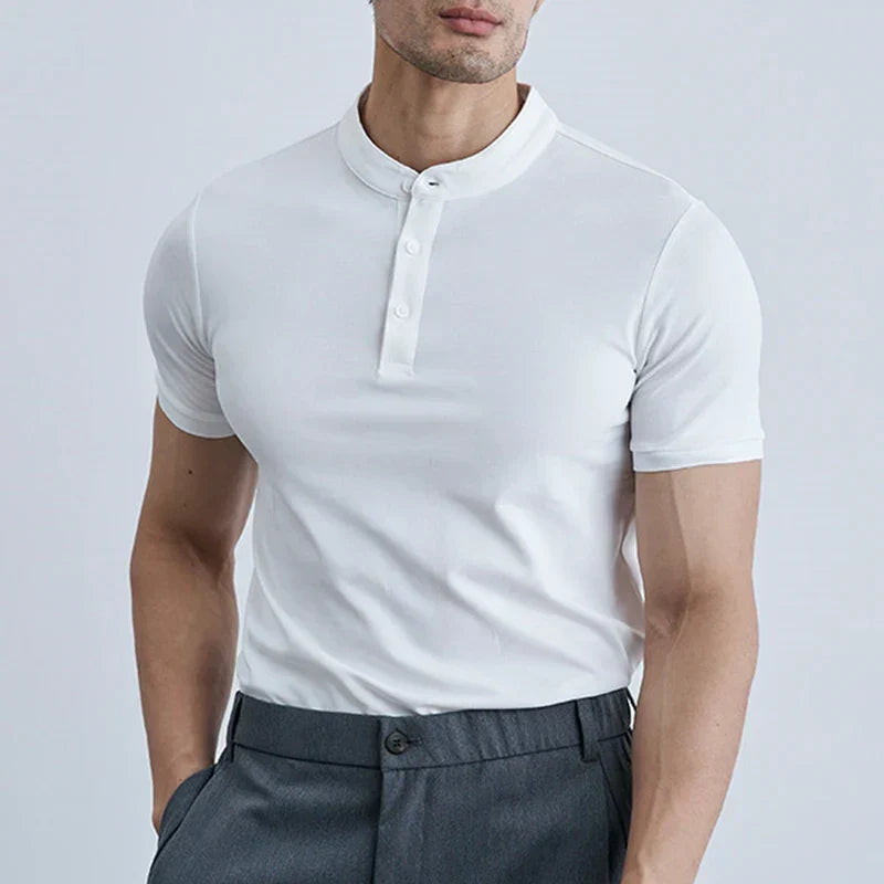 Men's slim fit white cotton t-shirt with classic collar and short sleeves for casual everyday style