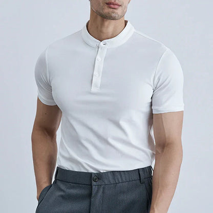 Men's slim fit white cotton t-shirt with classic collar and short sleeves for casual everyday style